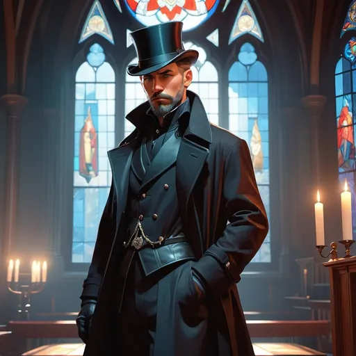 Prompt: dnd character, high detailed of a man, short hair, short beard, giant crossbow in back, with coat and tophat IN HEAD, dark colours, surrounded by shadows in face, in a church, stain glass windows ((style of Ravenloft, Ilya Kuvshinov)), full body, highly detailed, digital painting, artstation, hyperrealistic, sharp focus, illustration, art by artgerm and greg rutkowski and alphonse mucha, 8k, pretty eyes, award-winning cgi, blender, headshot