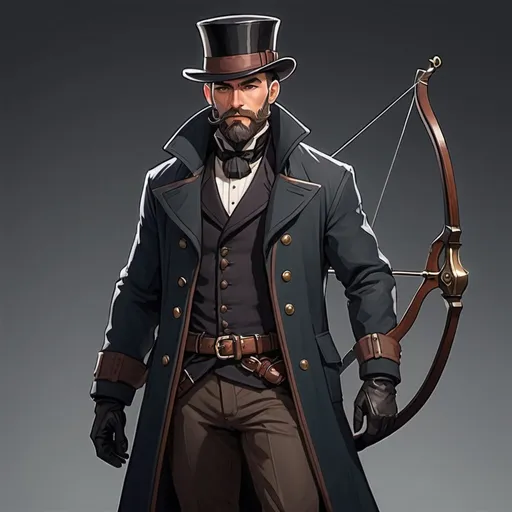 Prompt: Character design dnd character, high detailed of a man, short hair, short beard, heavy crossbow in his SHOLDER, with coat and tophat IN HEAD, DARK COLORS, LIKE A DRAW STYLE