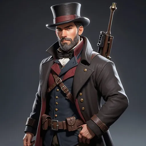 Prompt: dnd character, high detailed of a man, short hair, short beard, heavy crossbow in his SHOLDER, with coat and tophat IN HEAD, DARK COLORS