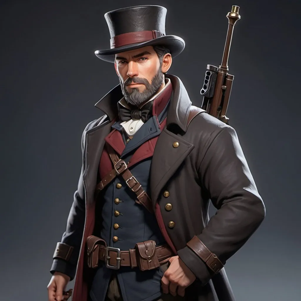 Prompt: dnd character, high detailed of a man, short hair, short beard, heavy crossbow in his SHOLDER, with coat and tophat IN HEAD, DARK COLORS