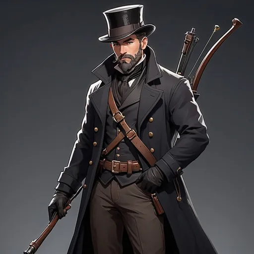Prompt: Character design dnd character, high detailed of a man, short hair, short beard, heavy crossbow in back, with coat and tophat IN HEAD, DARK COLORS, LIKE A DRAW STYLE