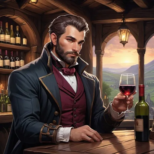 Prompt: DnD fantasy art, inside a tavern background, Character design dnd character, high detailed of a man, short hair, short beard, with coat,  and tophat IN HEAD, a glass of wine in front, DARK COLORS, detailed DnD inside a tabern landscape in background, dark colors, high quality, epic fantasy, traditional art, high quality details