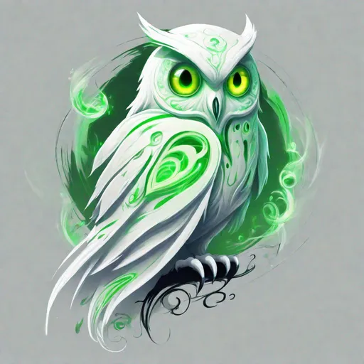 Prompt: transparent scary ghostly white owl, five green evil eyes, green ghostly swirls all around , masterpiece, Character Design art. Concept Art. Digital Art. 4k HD. Trending on artstation. 