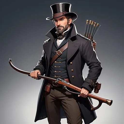 Prompt: dnd character, high detailed of a man, short hair, short beard, heavy crossbow in his SHOLDER, with coat and tophat IN HEAD, DARK COLORS, LIVE A DRAW STYLE