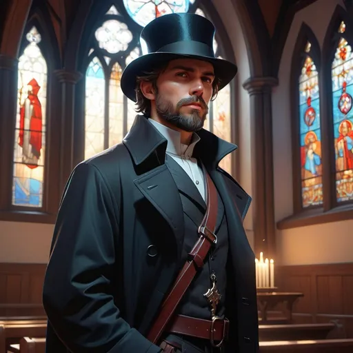 Prompt: dnd character, high detailed of a man, short hair, short beard, giant crossbow in back, with coat and tophat, dark colours, surrounded by shadows in face, in a church, stain glass windows ((style of Ravenloft, Ilya Kuvshinov)), full body, highly detailed, digital painting, artstation, hyperrealistic, sharp focus, illustration, art by artgerm and greg rutkowski and alphonse mucha, 8k, pretty eyes, award-winning cgi, blender, headshot