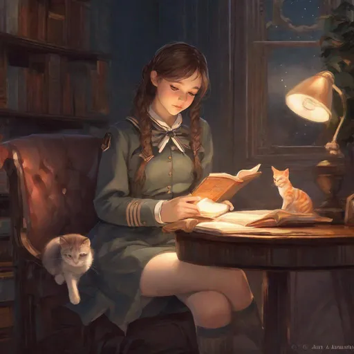 Prompt: ((Best quality)), ((masterpiece)), Digital painting depicting a girl in a JK uniform reading a book with a cat in a comfortable study room at night. Created by talented artists Anmi, Reoenl, and Mucha, this digital artwork showcases their unique styles and techniques. The scene is set in a cozy study room, with soft lighting illuminating the girl and her surroundings. The blue theme dominates the color scheme, creating a serene and tranquil atmosphere. The S line composition adds elegance and flow to the overall artwork. The details are meticulously rendered, from the girl's JK uniform to the hairdryer and the book she is engrossed in. The presence of the cat adds a touch of companionship and warmth to the scene. The digital medium allows for intricate detailing, resulting in a high-quality illustration that captures the beauty and atmosphere of the study room. This artwork is a true masterpiece, combining the talents of Anmi, Reoenl, and Mucha to create a captivating and visually stun