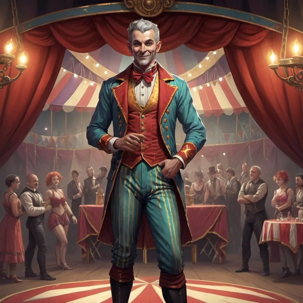 Prompt: dnd character, concept art, high detailed of a man circus presenter, in a circus background