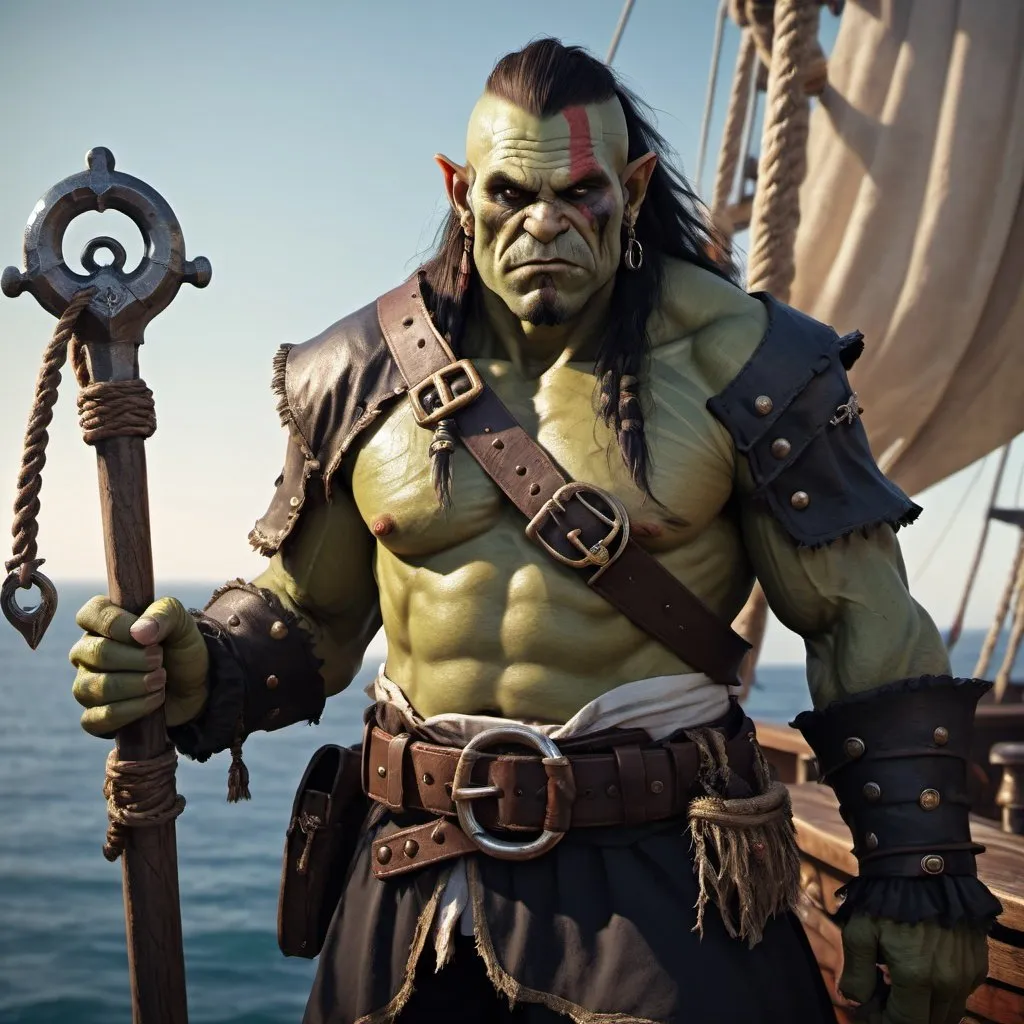 Prompt: fantasy art, digital painting, D&D character portrait of a old half-orc pirate captain, hold a anchor, full body, panned out, highest quality, hyperdetailed, ultra-realistic, textured skin, sharp focus, Unreal Engine 5, octane render, 8k, fractal, fantasy, D&D, Pathfinder, Orc, style of Orcs, by Greg Rutkowski,