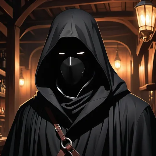 Prompt: inside a tavern background, Character design dnd character, high detailed of a man, COVERED WITH A BLACK HOOD AND A BLACK full body CLOACK, no face revealed, DARK COLORS, LIKE A DRAW STYLE