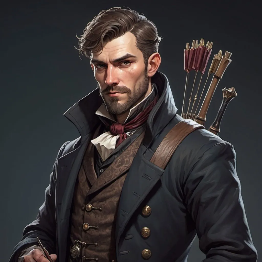 Prompt: dnd character, high detailed of a man, short hair, short beard, havy crossbow in his back, with coat and tophat IN HEAD, dark colours