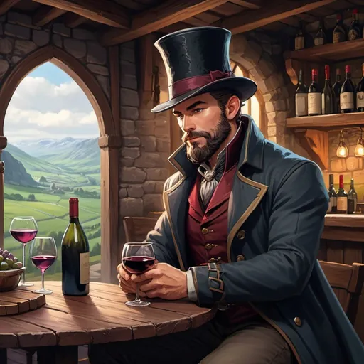 Prompt: DnD fantasy art, inside a tavern background, Character design dnd character, high detailed of a man, short hair, short beard, with coat,  and tophat IN HEAD, a glass of wine in front, A CROSSBOW BOLT IN THE TABLE, DARK COLORS, detailed DnD inside a tabern landscape in background, dark colors, high quality, epic fantasy, traditional art, high quality details