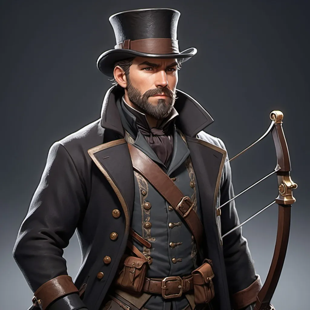 Prompt: dnd character, high detailed of a man, short hair, short beard, heavy crossbow in his back, with coat and tophat IN HEAD, dark colours