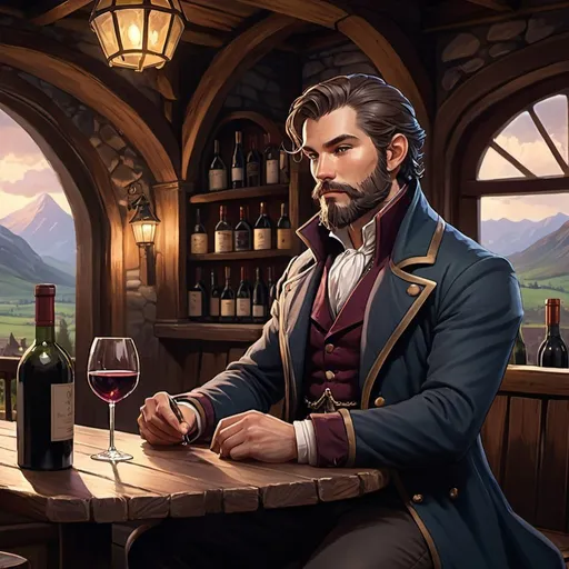 Prompt: DnD fantasy art, inside a tavern background, Character design dnd character, high detailed of a misterious man, short hair, short beard, with coat, and tophat IN HEAD siting in a table, a glass of wine in front of him, DARK COLORS, detailed DnD inside a tabern landscape in background, dark colors, high quality, epic fantasy, traditional art, high quality details