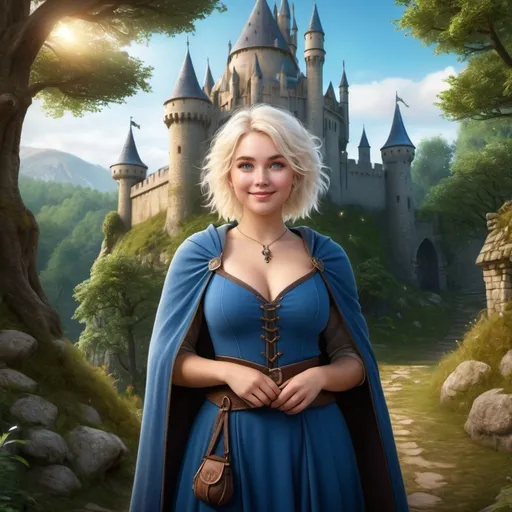 Prompt: full body realistic curvy  magical wizard woman, short Messy hair, bright white blonde hair, cute and friendly smile, blue eyes, standing tall in a mystical forest, dimples, freckles, shy, innocent, medieval castle in the background, highres, ultra-detailed, fantasy, magical, mystical forest, cute and friendly, detailed eyes, medieval castle, atmospheric lighting