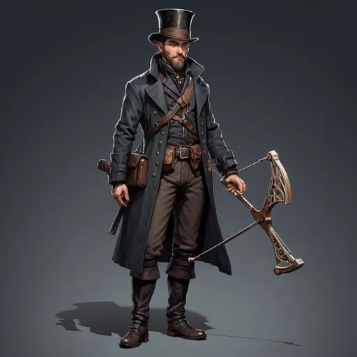 Prompt: dnd character, high detailed of a man, short hair, short beard, havy crossbow in hand, with coat and tophat IN HEAD, dark colours