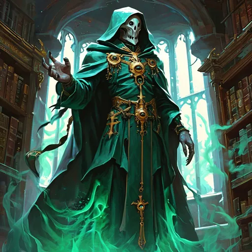 Prompt: DND RPG style, full body, cosmic body, down view, A hooded cult leader floating male genestealer, , cloak made of dark green smoke with multiple eyes, dark green smoke thrown, golden ornate outfit, cleavage library window, dark green robes, golden jewelry rpg digital art style