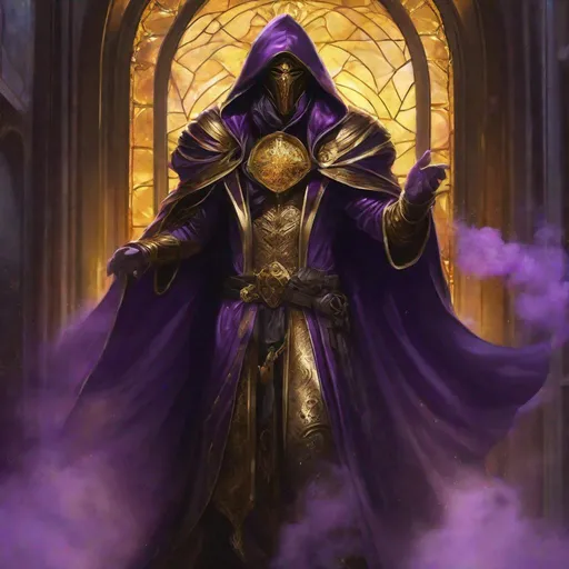 Prompt: full body, down view, A male genestealer hooded cult leader, full face golden mask, cloack made of purple smoke(((handsome))), Perfect Arms, cast purple smoke, golden Ornated Outfit, Cleavage library Window, Purple Robes, golden Jewelry, the elder scrolls