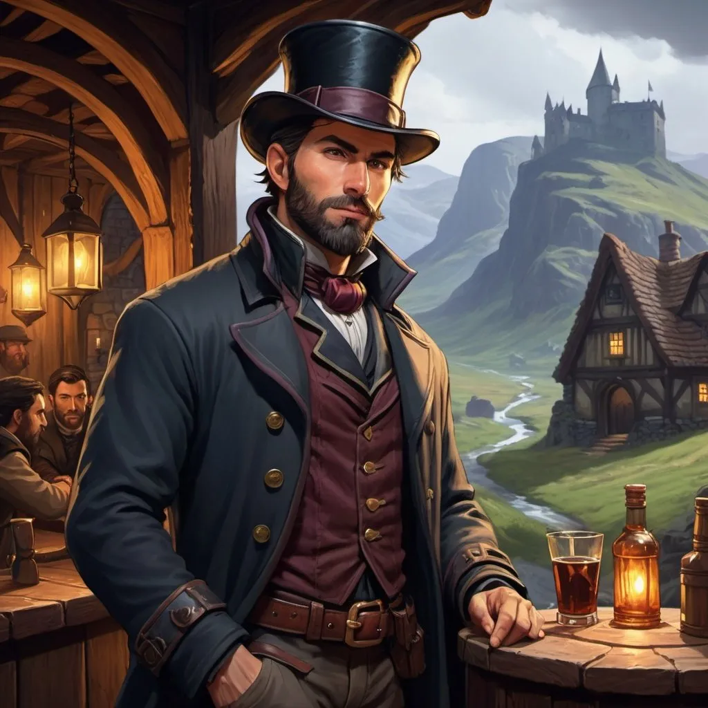 Prompt: DnD fantasy art, a tavern background, Character design dnd character, high detailed of a man, short hair, short beard, with coat,  and tophat IN HEAD looking to a ranged target, DARK COLORS, detailed DnD inside a tabern landscape in background, dark colors, high quality, epic fantasy, traditional art, high quality details