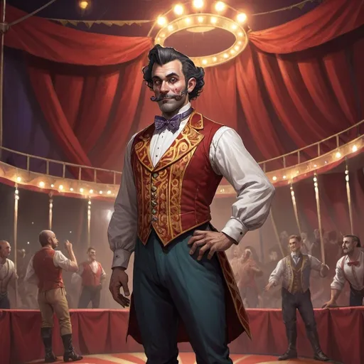 Prompt: dnd character, concept art, high detailed of a man circus presenter, in a circus background