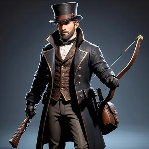 Prompt: dnd character, high detailed of a man, short hair, short beard, heavy crossbow in his back, with coat and tophat IN HEAD, dark colours