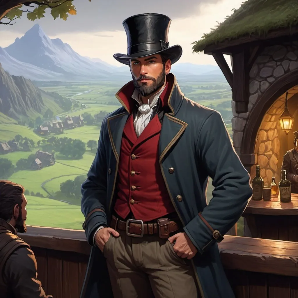 Prompt: DnD fantasy art, a tavern background, Character design dnd character, high detailed of a man, short hair, short beard, with coat,  and tophat IN HEAD looking to a ranged target, DARK COLORS, detailed DnD inside a tabern landscape in background, dark colors, high quality, epic fantasy, traditional art, high quality details