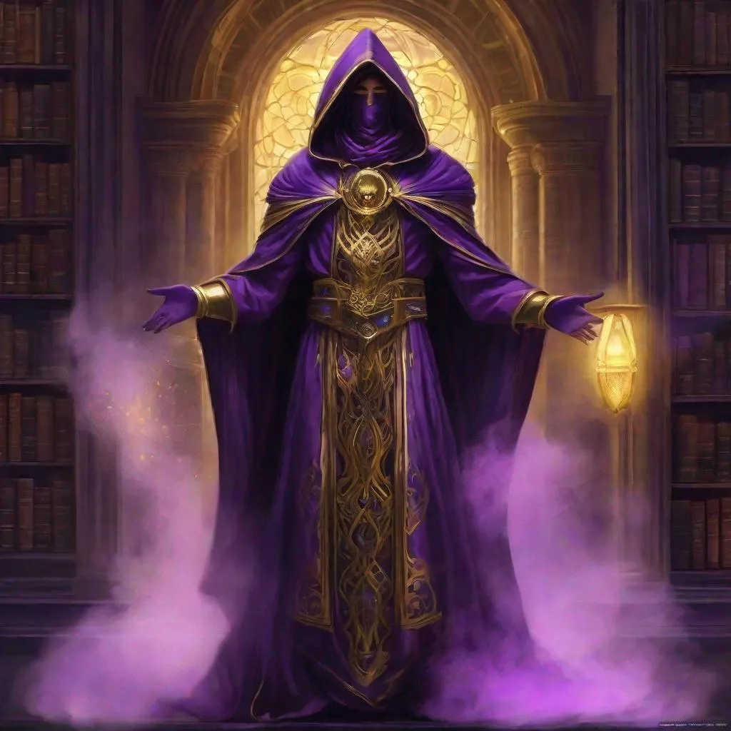 Prompt: full body, down view, A male genestealer hooded cult leader, full face golden mask, cloack made of purple smoke(((handsome))), Perfect Arms, cast purple smoke, golden Ornated Outfit, Cleavage library Window, Purple Robes, golden Jewelry, the elder scrolls