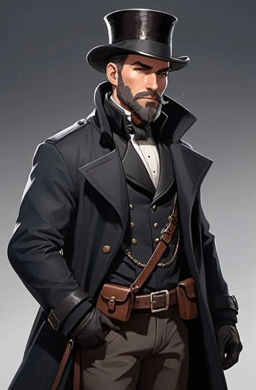 Prompt: Character design dnd character, high detailed of a man, short hair, short beard, heavy crossbow in back, with coat and tophat IN HEAD, DARK COLORS, LIKE A DRAW STYLE