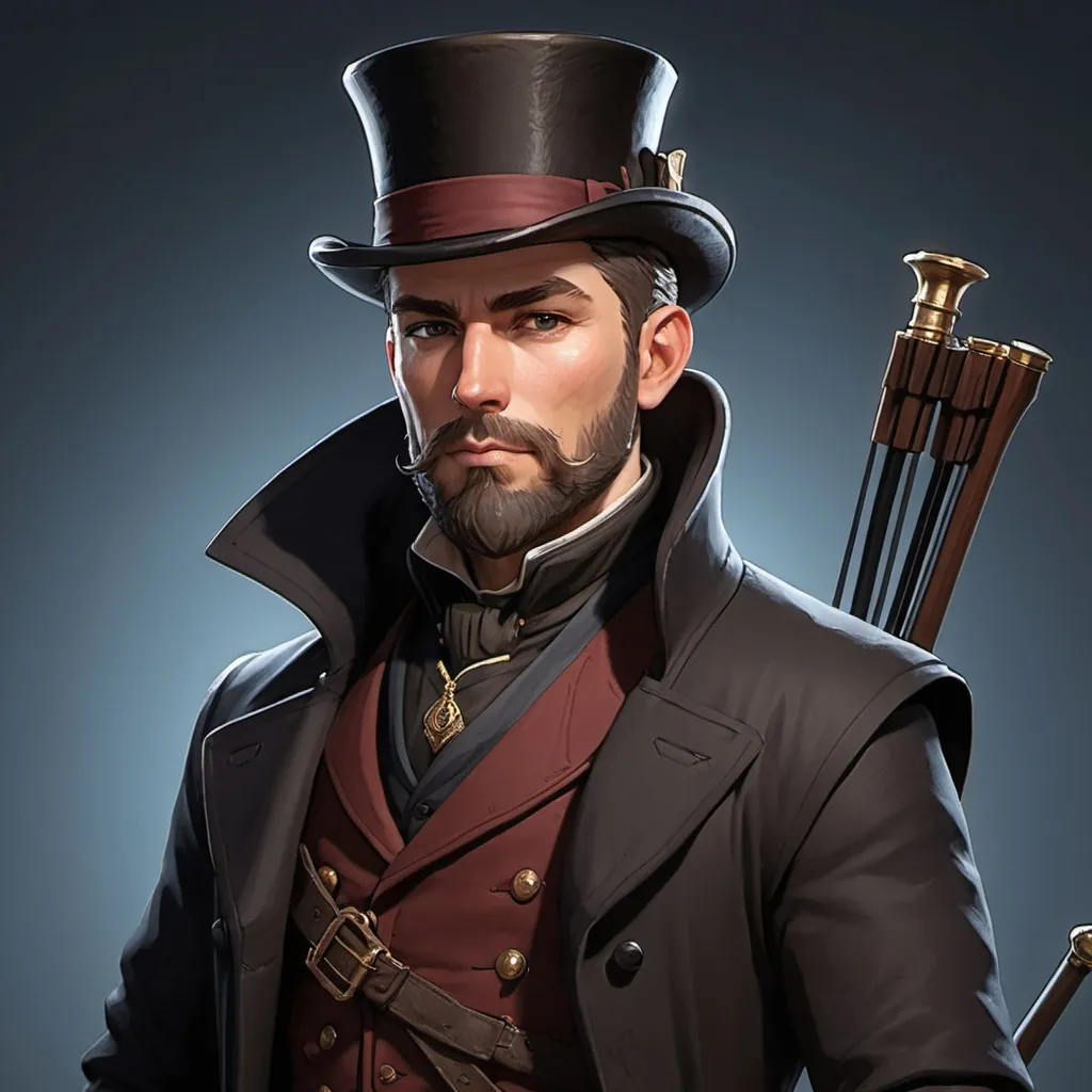 Prompt: dnd character, high detailed of a man, short hair, short beard, heavy crossbow in his back, with coat and tophat IN HEAD, dark colours