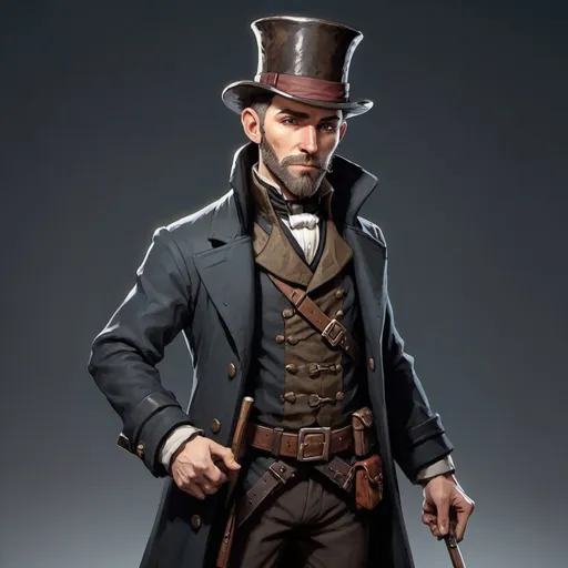 Prompt: dnd character, high detailed of a man, short hair, short beard, havy crossbow in back, with coat and tophat IN HEAD, dark colours