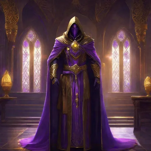 Prompt: full body, A male genestealer hooded cult leader, full face golden mask, cloack made of purple smoke(((handsome))), Perfect Arms, cast purple smoke, golden Ornated Outfit, Cleavage library Window, Purple Robes, golden Jewelry, Elder Scrolls Online, 