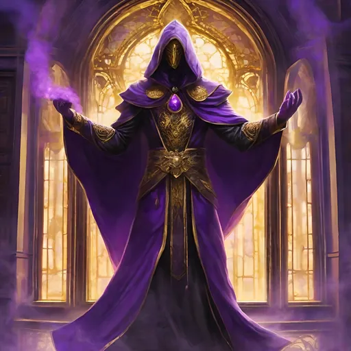 Prompt: full body, down view, A floating male genestealer hooded cult leader, full face golden mask, cloack made of purple smoke(((handsome))), Perfect Arms, cast purple smoke, golden Ornated Outfit, Cleavage library Window, Purple Robes, golden Jewelry, the elder scrolls