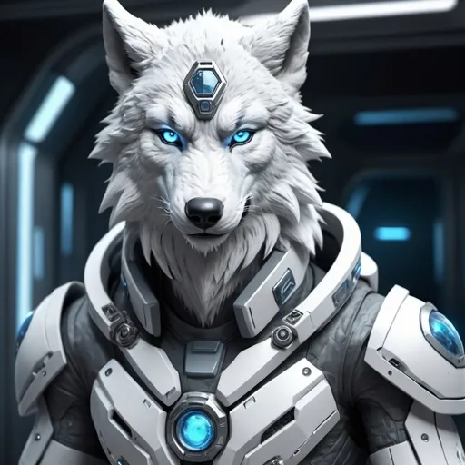 Prompt: Anthropomorphic wolf furry character, white, gray, and blue coloring, futuristic space battle preparation, high-tech armor, intense and focused gaze, detailed fur with cool reflections, sci-fi, space war, futuristic, detailed eyes, sleek design, professional, atmospheric lighting, cool tones, highres, ultra-detailed, battle-ready