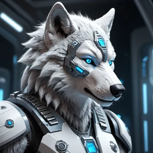 Prompt: Anthropomorphic wolf furry character, white, gray, and blue coloring, futuristic space battle preparation, high-tech armor, intense and focused gaze, detailed fur with cool reflections, sci-fi, space war, futuristic, detailed eyes, sleek design, professional, atmospheric lighting, cool tones, highres, ultra-detailed, battle-ready