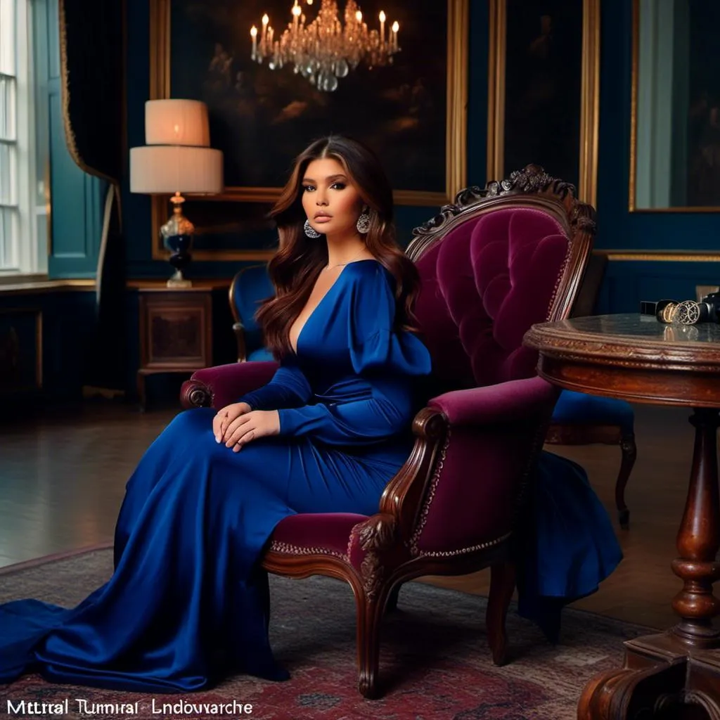 Prompt: <mymodel>wearing a completely blank royal blue crewneck oversized t-shirt, long wavy red violet hair, full-body photo, facing forward, sitting in a tufted ornate Victorian chair, natural lighting, ethereal, hd, low quality, camera film