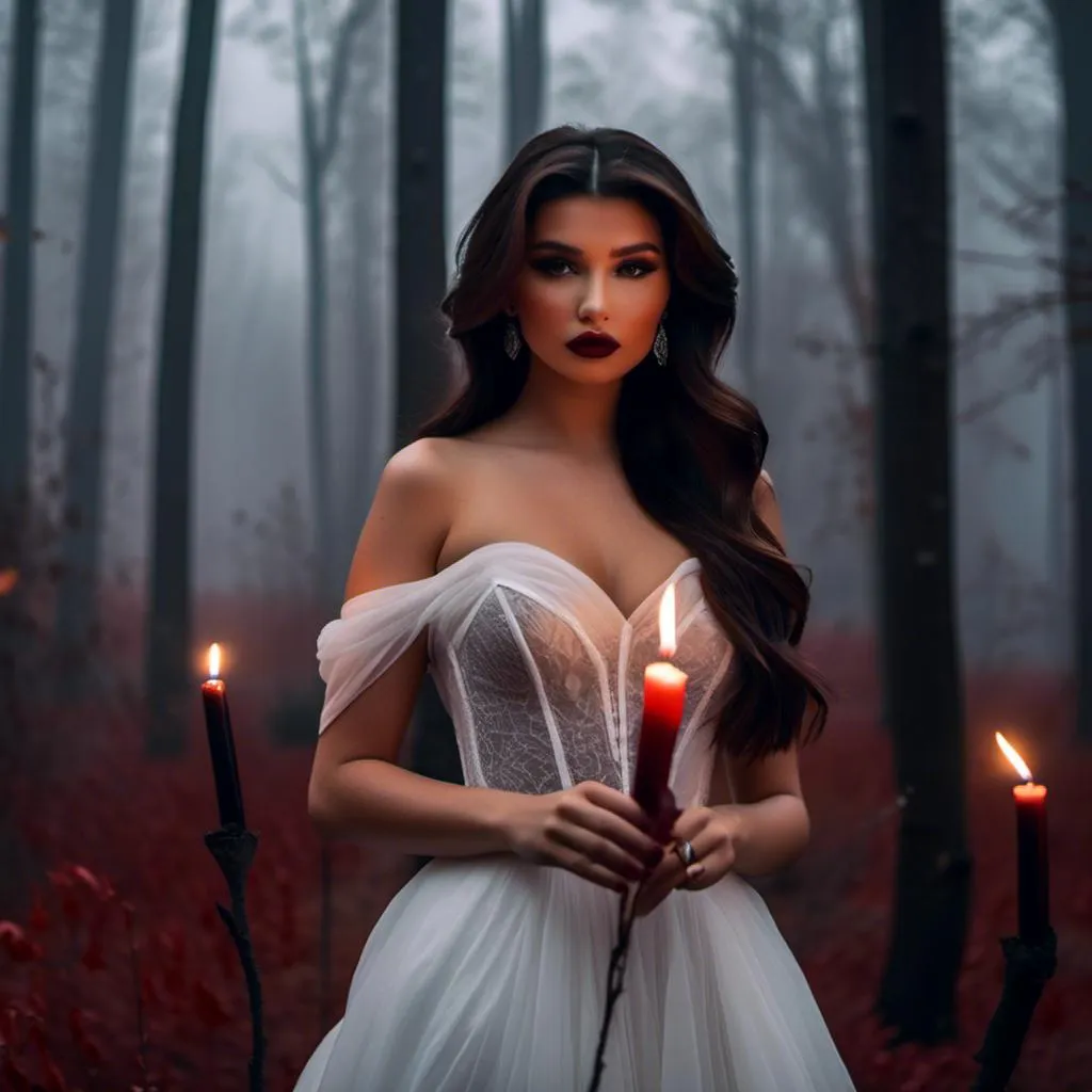 Prompt: <mymodel> long wavy hair, white completely see-through sleeveless corset chiffon gown, intricate details on face, dark makeup, burgundy lipstick, holding a red fox, evening light, foggy forest, tapered candles burning, 4k, hd, film photography 