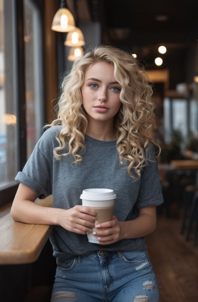 Prompt: Full body portrait of a beautiful blonde model big voluminous loose curls, freckles, blue eyes, warm cozy coffee shop atmosphere, holding a cup of coffee, wearing torn jeans, wearing a completely blank dark gray crewneck short sleeve t-shirt,  realistic, 4k, hd, 