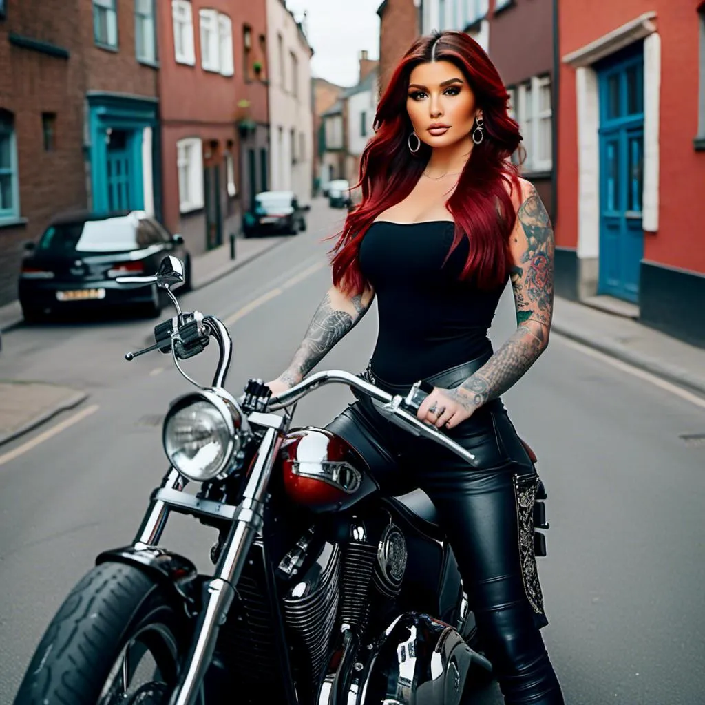 Prompt: <mymodel> full body photo, solo beautiful bimbo fair pale skinned bright red haired female tattooed biker, blue eyes, movie star makeup, really long wavy hair. 
Handsome strong muscular tattooed biker man is holding her waist