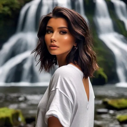 Prompt: <mymodel> wearing a completely blank oversized white crewneck short sleeve t-shirt , full body photo, mod eyeliner, wavy hair, waterfall, mossy rocks, natural lighting, ethereal, hd, low quality camera film