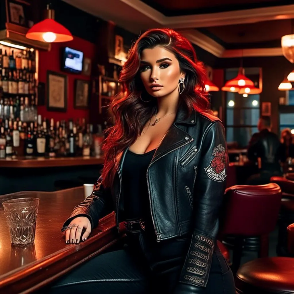 Prompt: <mymodel> full body photo, solo beautiful red-head female tattoed biker, movie star makeup, really long wavy hair that's swept up into an updo, posing in a biker bar