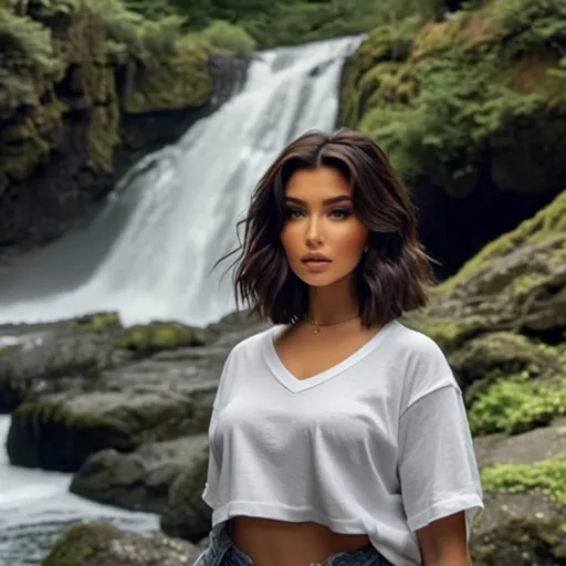 Prompt: <mymodel> wearing a completely blank oversized white crewneck short sleeve t-shirt , full body photo, mod eyeliner, wavy hair, waterfall, mossy rocks, natural lighting, ethereal, hd, low quality camera film