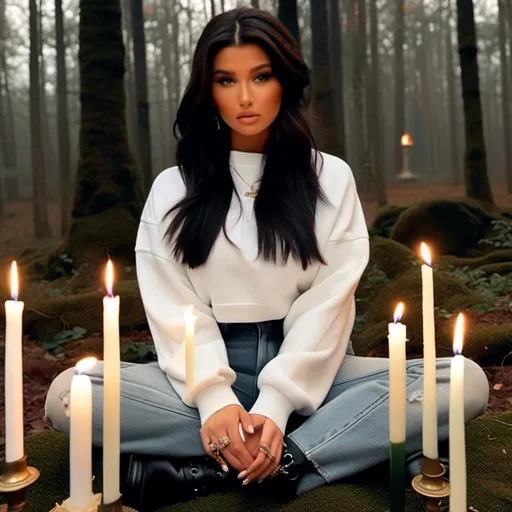 Prompt: <mymodel>wavy black hair, facing forward, completely blank white crewneck sweatshirt, black combat boots, sitting criss-cross on the ground, dark forest, moss, old candles burning in a circle around her.