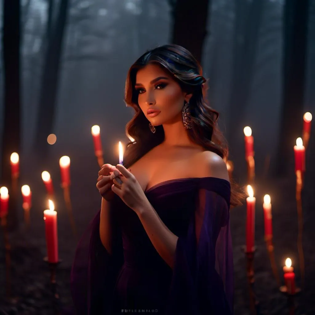 Prompt: <mymodel> long curled hair, dark purple transparent chiffon gown, perfect hands, intricate details on face, dark makeup, cuddling a red fox, evening light, foggy forest, tapered candles burning, 8k, hd, film photography 