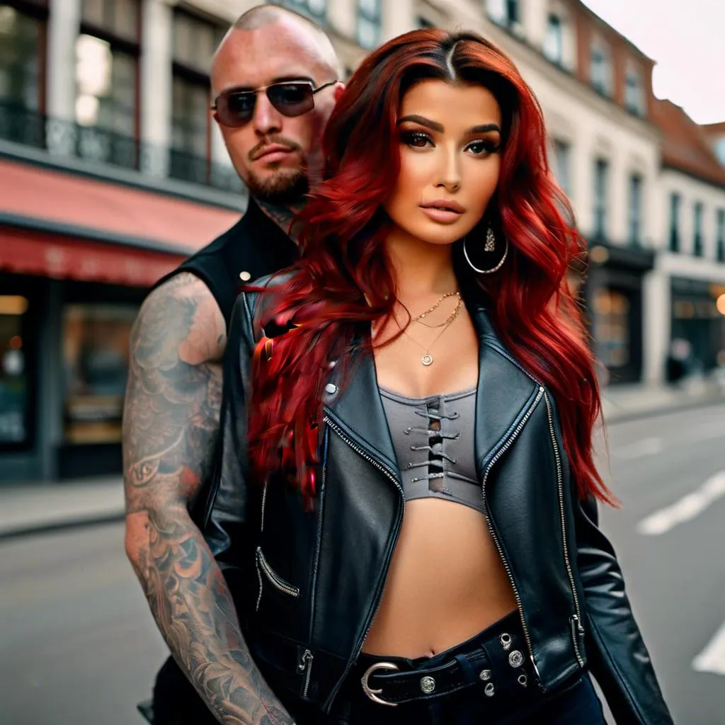 Prompt: <mymodel> full body photo, girlfriend, beautiful african American, bimbo, female tattooed biker, blue eyes, movie star makeup, really long wavy bright red hair.
Handsome strong muscular Caucasian boyfriend with shaved head tattooed biker man is holding her waist next to her 