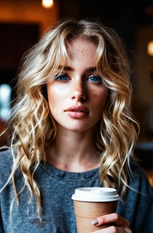 Prompt: Full body portrait of a beautiful blonde model, wavy hair in a loose braid, freckles, blue eyes, warm cozy coffee shop atmosphere, holding a cup of coffee, wearing torn jeans, wearing a completely blank dark gray crewneck short sleeve t-shirt,  realistic, 4k, hd, 