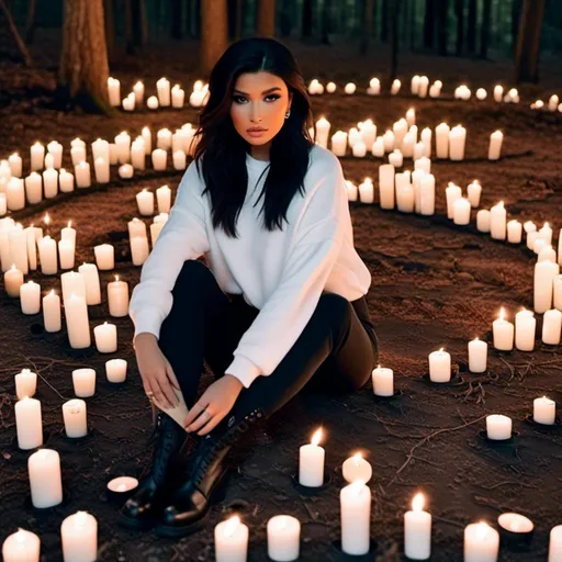 Prompt: <mymodel> long wavy black hair, facing forward, completely blank white crewneck sweatshirt, black combat boots, sitting criss-cross on the ground, dark forest, moss, old candles burning in a circle around her.
