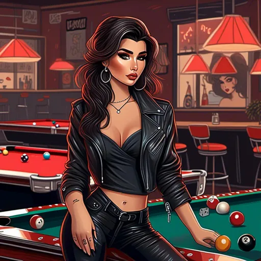 Prompt: <mymodel> illustration style, full body photo, solo beautiful brunette female tattoed biker, movie star makeup, really long wavy hair that's swept up into an updo, playing pool in a biker bar