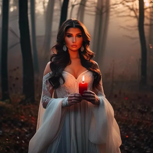 Prompt: <mymodel> long curled hair, dark white completely see-through chiffon gown, perfect hands, intricate details on face, dark makeup, holding a red fox, evening light, foggy forest, tapered candles burning, 8k, hd, film photography 