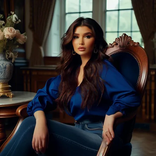 Prompt: <mymodel>wearing a completely blank royal blue crewneck oversized t-shirt and jeans, long wavy red violet hair, sitting in a tufted ornate Victorian chair, natural lighting, ethereal, hd, low quality, camera film