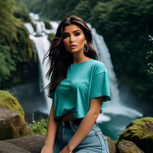 Prompt: <mymodel> wearing a completely blank oversized turquoise crewneck short sleeve t-shirt , full body photo, mod eyeliner, wavy hair, waterfall, mossy rocks, natural lighting, ethereal, hd, low quality camera film