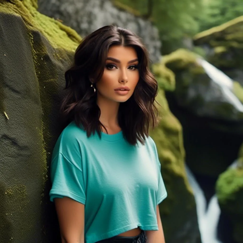 Prompt: <mymodel> wearing a completely blank oversized turquoise crewneck short sleeve t-shirt , full-body photo, facing forward, mod eyeliner, wavy hair, waterfall, mossy rocks, natural lighting, ethereal, hd, low quality camera film